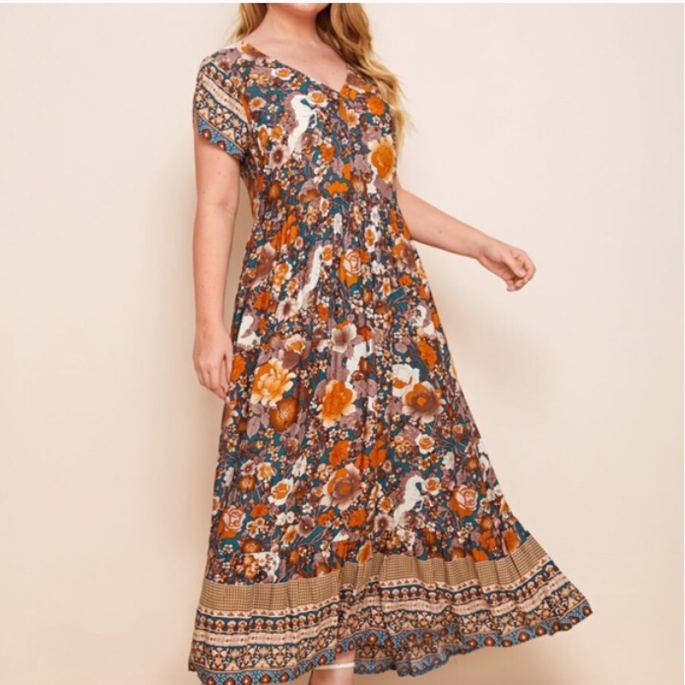 Boho plus size V neck Floral Orange Maxi Dress - Picture 2 of 5